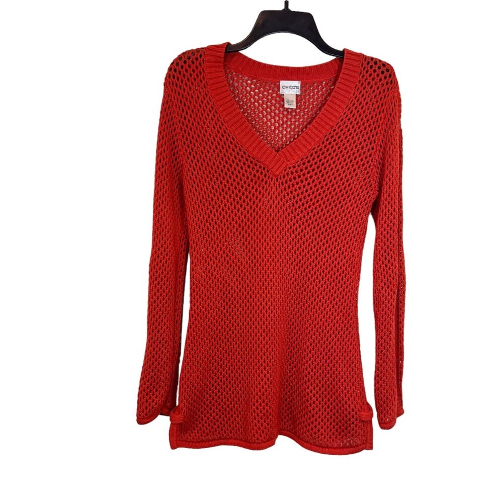 CHICO'S Sweater S Burnt Orange Open Knit‎ Ribbed Cover Up Pullover Size Small